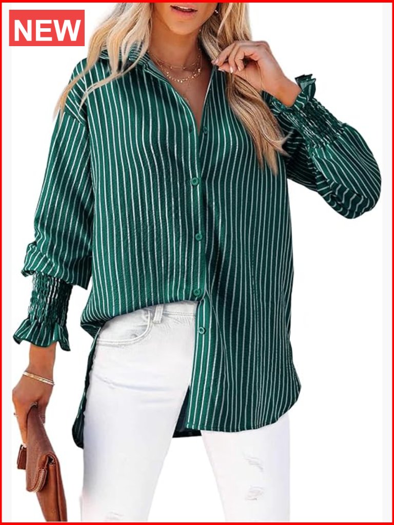 Striped Button Down Shirt Long Sleeve Smocked Cuff Oversized Boyfriend Blouse